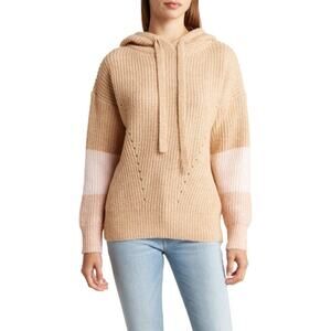 FRNCH Leanne Hooded Pullover Sweater in Camel/Pink Size XS